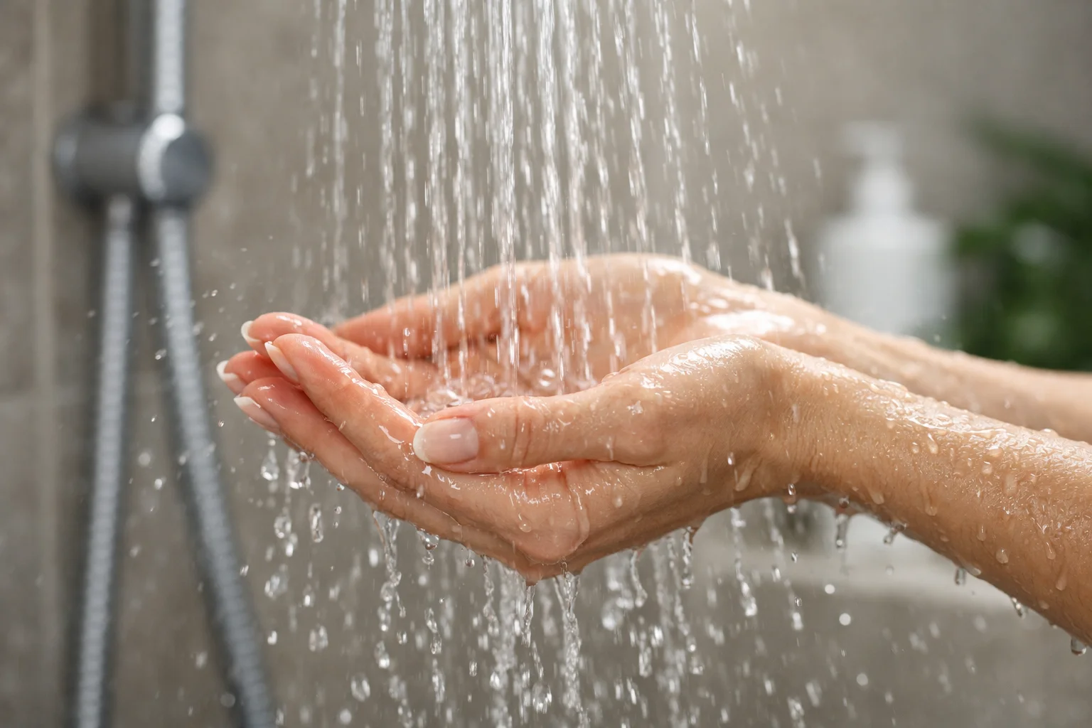 Mains sous un jet d’eau dans une douche